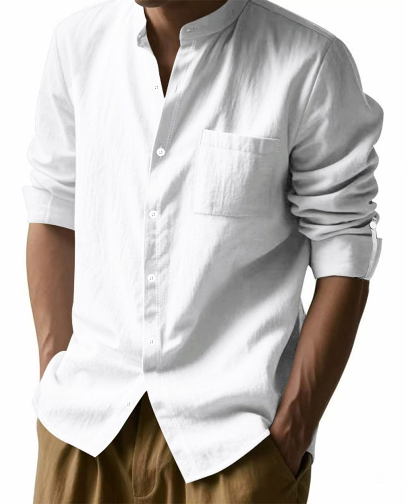 MAGIMODAC Mens Button Down Linen Shirts Casual Long Sleeve Band Collar Shirt Regular Fit Solid Plain Top with Pocket