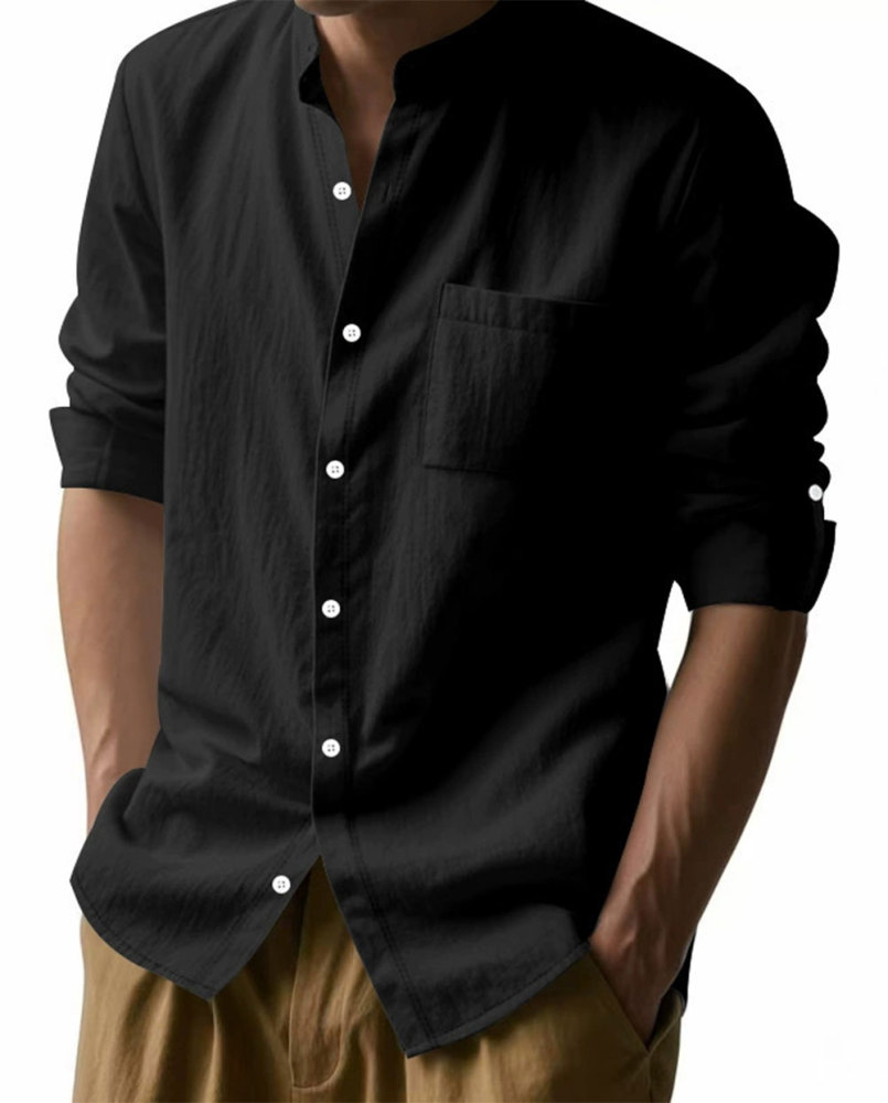 MAGIMODAC Mens Button Down Linen Shirts Casual Long Sleeve Band Collar Shirt Regular Fit Solid Plain Top with Pocket