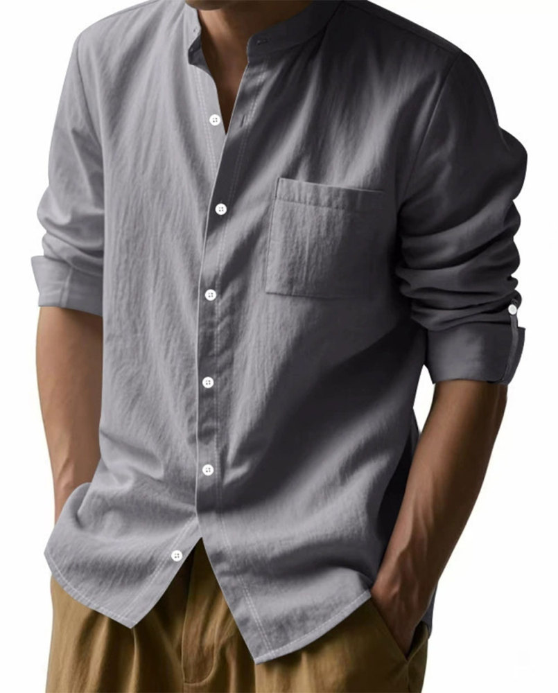 MAGIMODAC Mens Button Down Linen Shirts Casual Long Sleeve Band Collar Shirt Regular Fit Solid Plain Top with Pocket