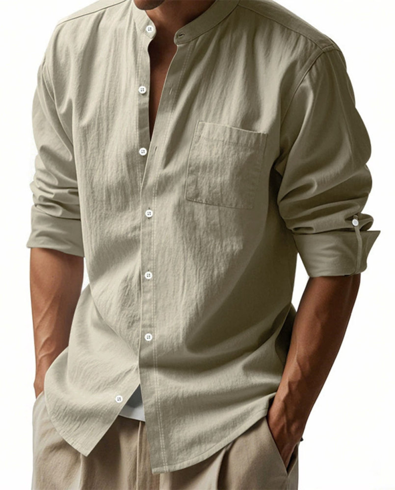 MAGIMODAC Mens Button Down Linen Shirts Casual Long Sleeve Band Collar Shirt Regular Fit Solid Plain Top with Pocket