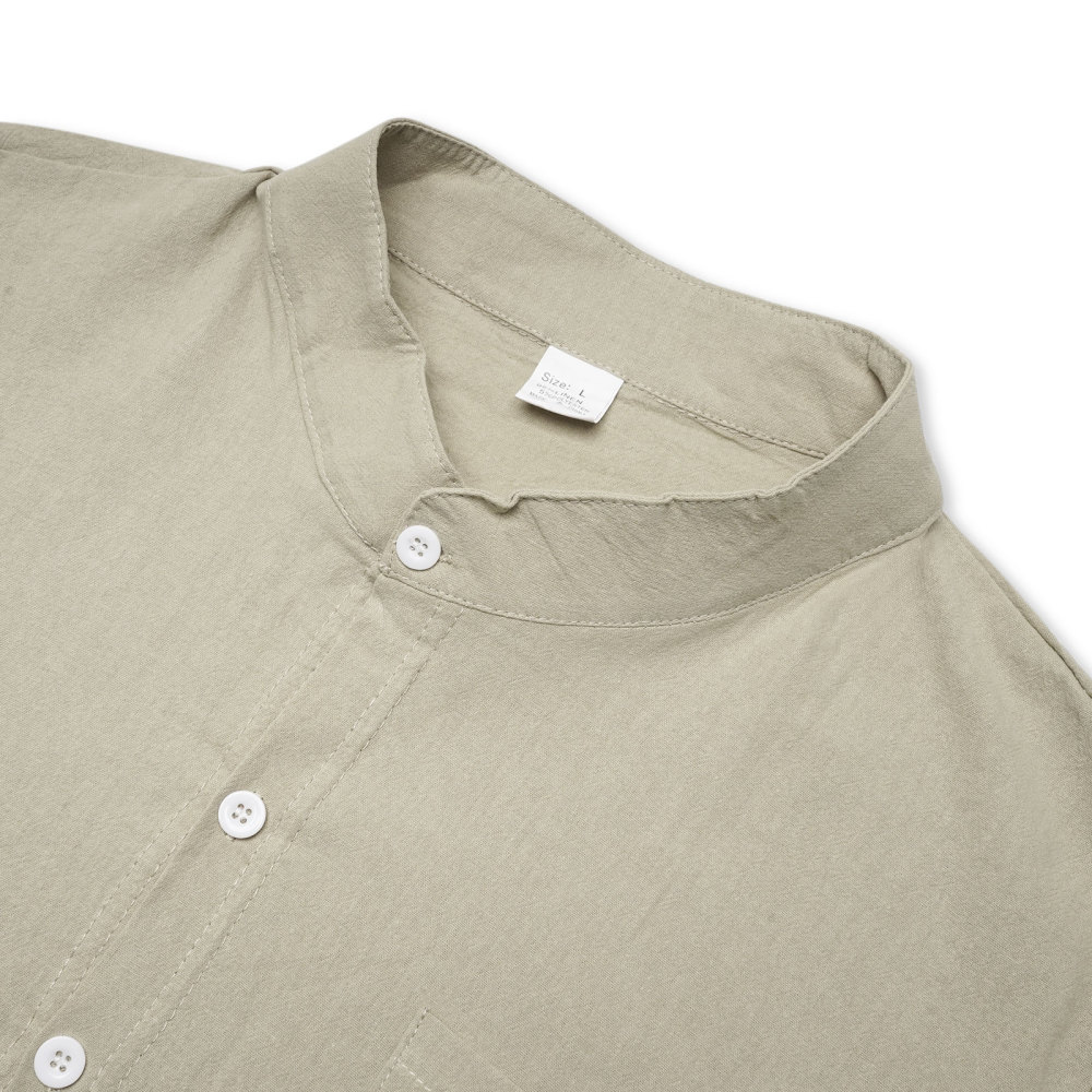 MAGIMODAC Mens Button Down Linen Shirts Casual Long Sleeve Band Collar Shirt Regular Fit Solid Plain Top with Pocket