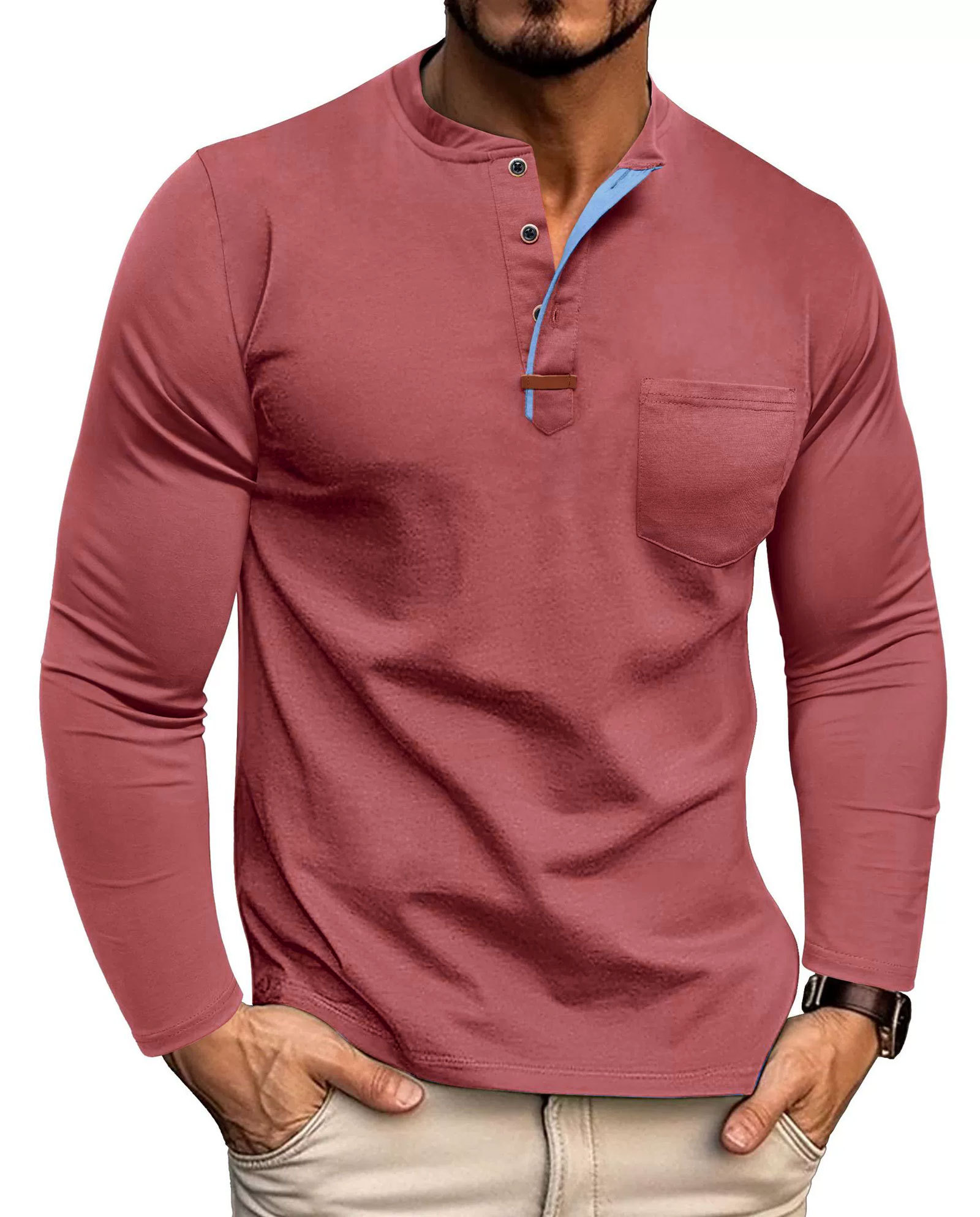 MAGIMODAC Mens Henley Long Sleeve T-Shirt Fashion Classic Cotton T Shirts Casual Lightweight T-Shirts with Button and Pocket