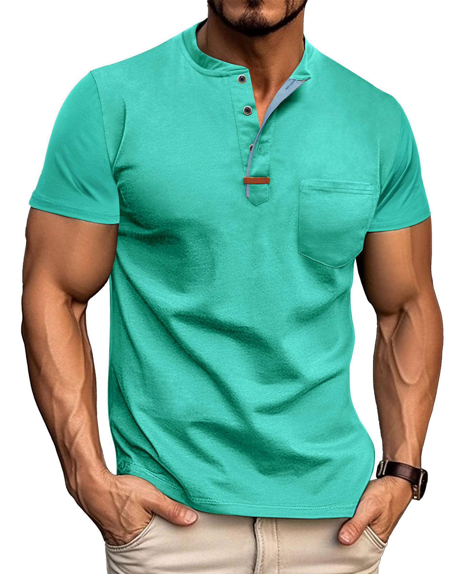 Mens Henley Short Sleeve Shirts Lightweight Cotton Summer Casual T-Shirt with Button and Pocket
