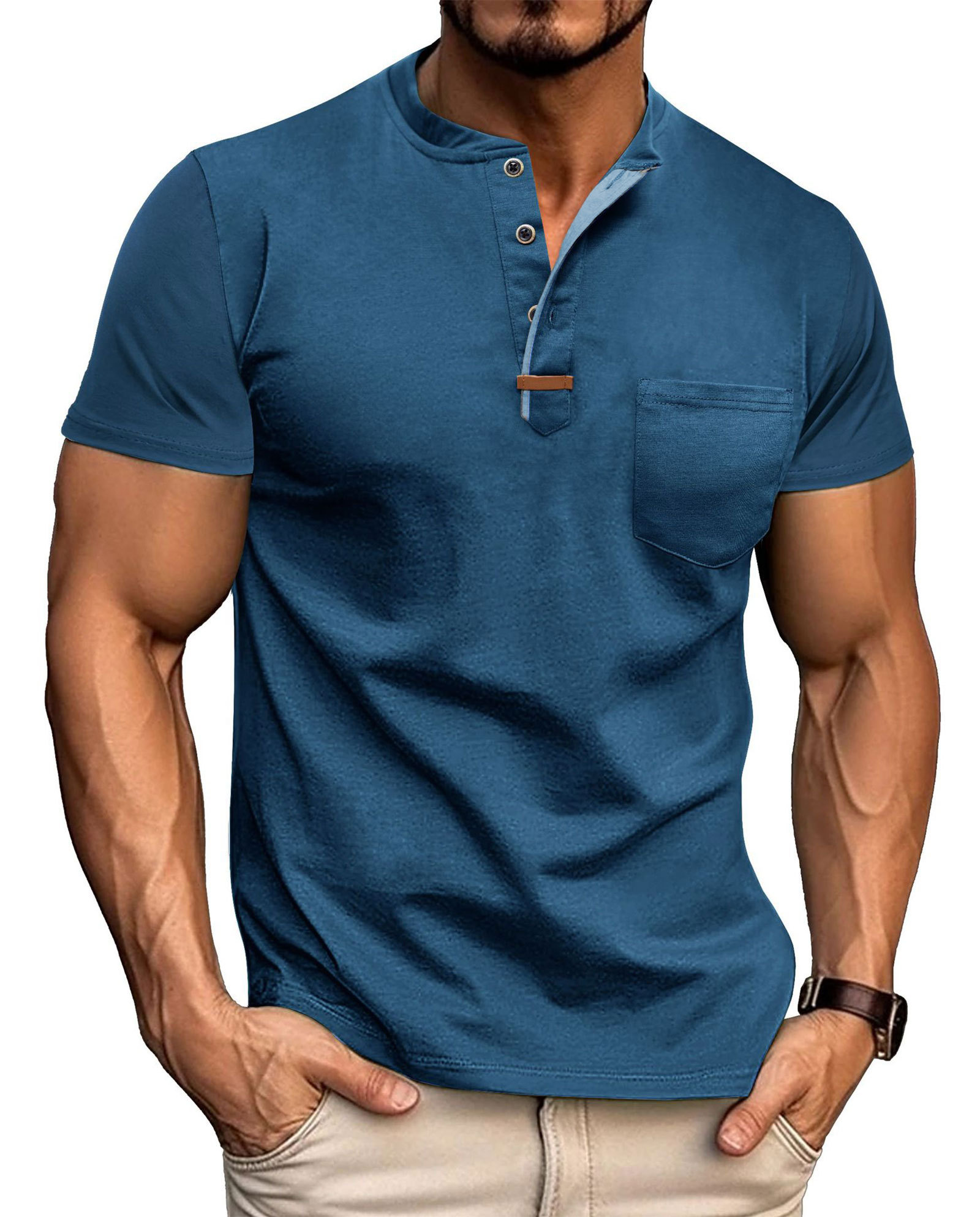MAGIMODAC Mens Henley Short Sleeve Shirts Lightweight Cotton Summer Casual T-Shirt with Button and Pocket