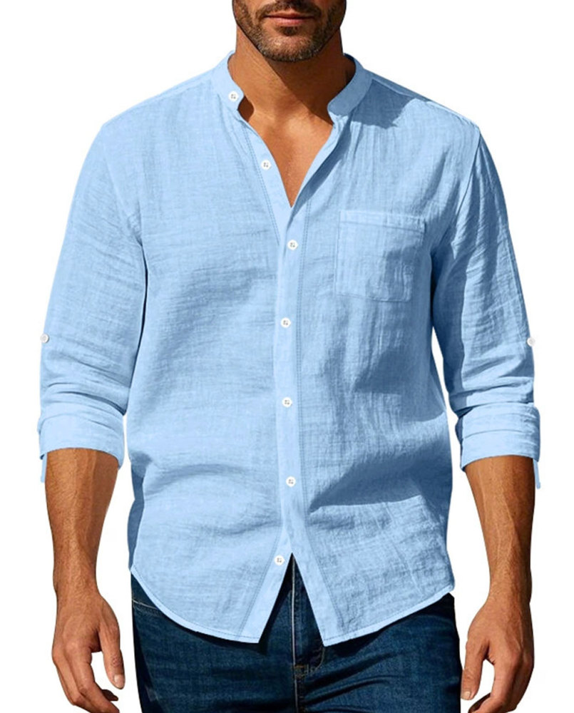 MAGIMODAC Mens Button Down Linen Shirts Casual Long Sleeve Band Collar Shirt Regular Fit Solid Plain Top with Pocket