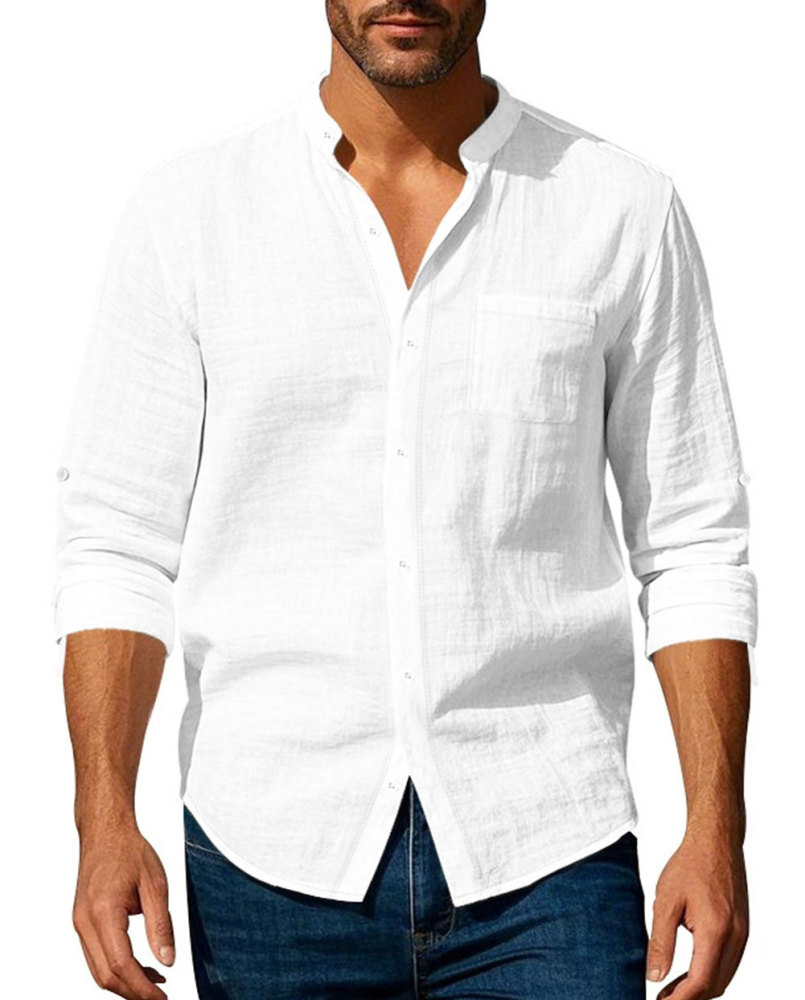 MAGIMODAC Mens Button Down Linen Shirts Casual Long Sleeve Band Collar Shirt Regular Fit Solid Plain Top with Pocket