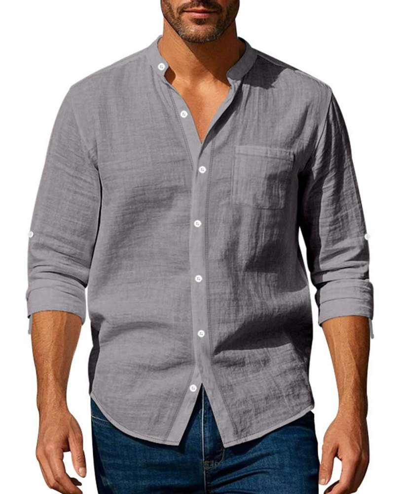 MAGIMODAC Mens Button Down Linen Shirts Casual Long Sleeve Band Collar Shirt Regular Fit Solid Plain Top with Pocket