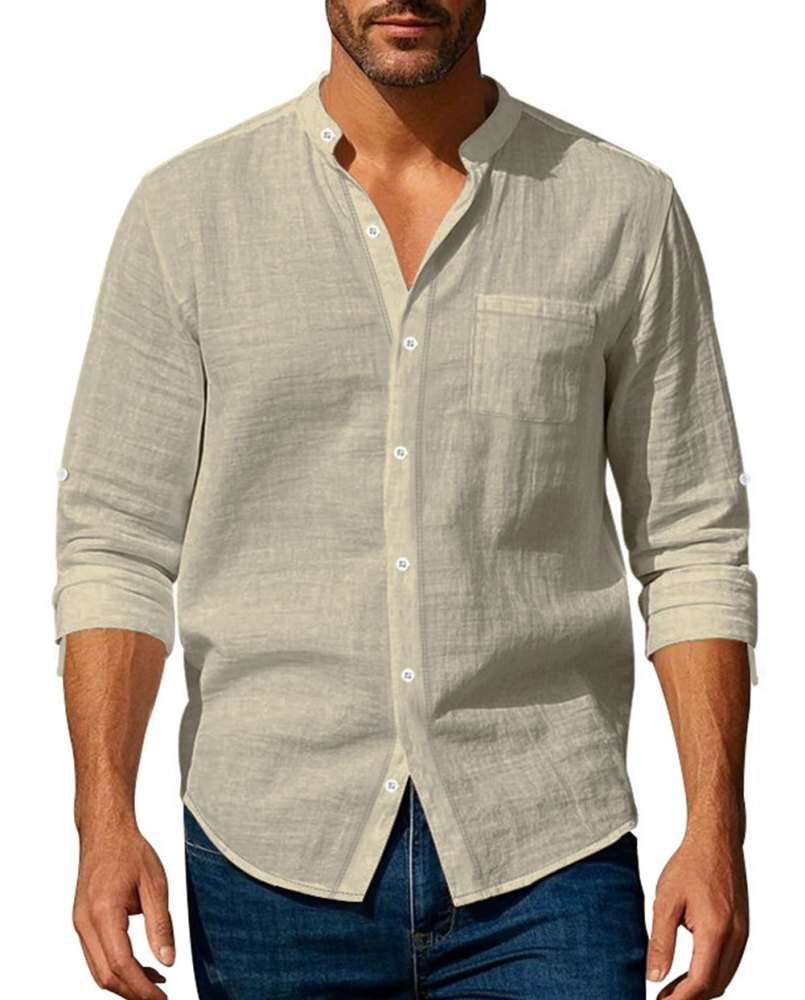 MAGIMODAC Mens Button Down Linen Shirts Casual Long Sleeve Band Collar Shirt Regular Fit Solid Plain Top with Pocket