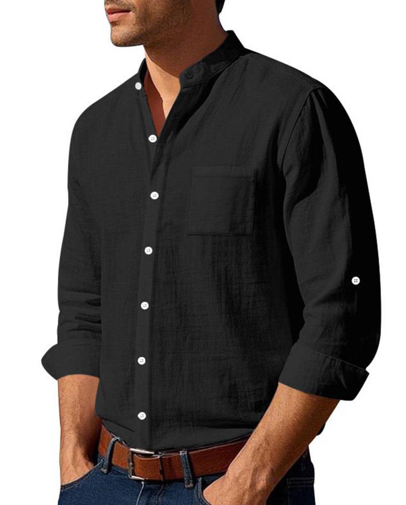 Button Down Linen Shirts Men's Casual Long Sleeve Band Collar Shirt Regular Fit Solid Plain Top with Pocket