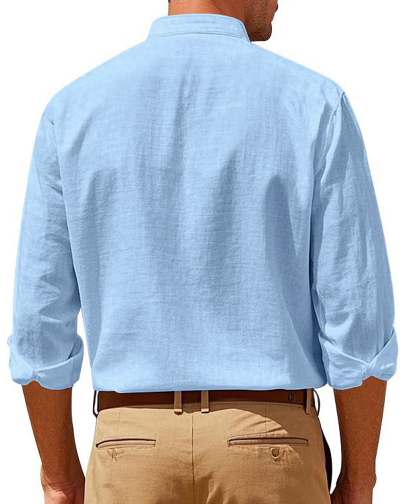 MAGIMODAC Mens Button Down Linen Shirts Casual Long Sleeve Band Collar Shirt Regular Fit Solid Plain Top with Pocket