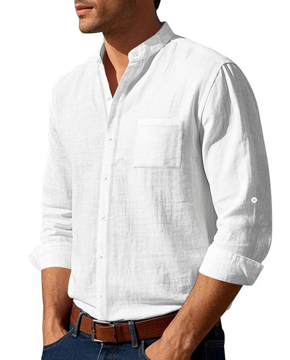 MAGIMODAC Mens Button Down Linen Shirts Casual Long Sleeve Band Collar Shirt Regular Fit Solid Plain Top with Pocket