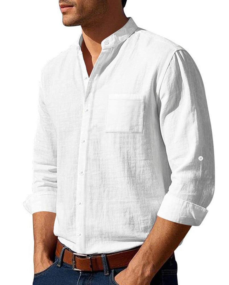 MAGIMODAC Mens Button Down Linen Shirts Casual Long Sleeve Band Collar Shirt Regular Fit Solid Plain Top with Pocket
