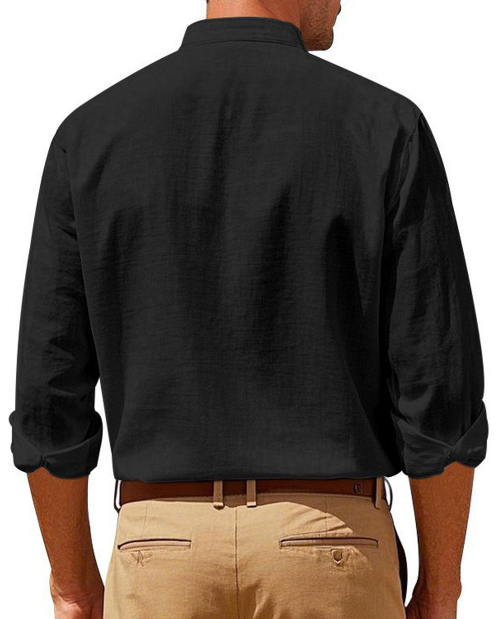 MAGIMODAC Mens Button Down Linen Shirts Casual Long Sleeve Band Collar Shirt Regular Fit Solid Plain Top with Pocket