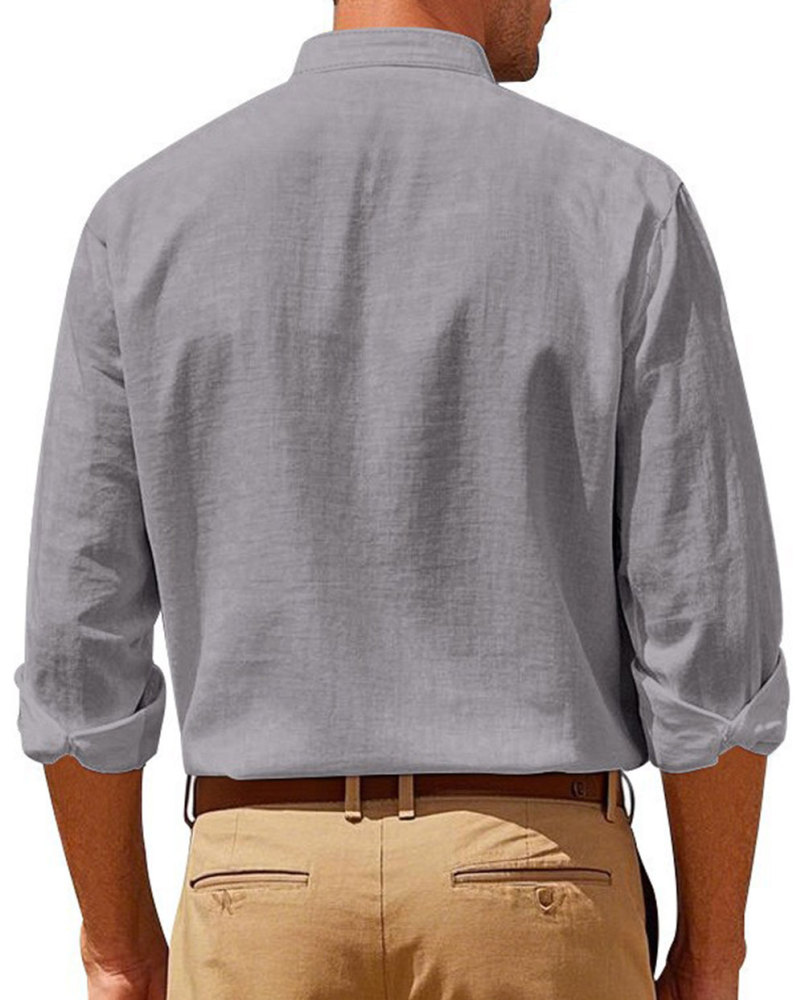 MAGIMODAC Mens Button Down Linen Shirts Casual Long Sleeve Band Collar Shirt Regular Fit Solid Plain Top with Pocket