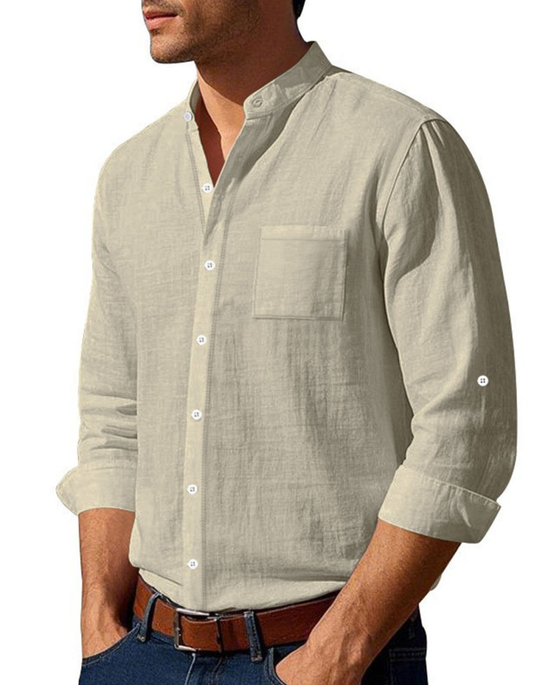 MAGIMODAC Mens Button Down Linen Shirts Casual Long Sleeve Band Collar Shirt Regular Fit Solid Plain Top with Pocket
