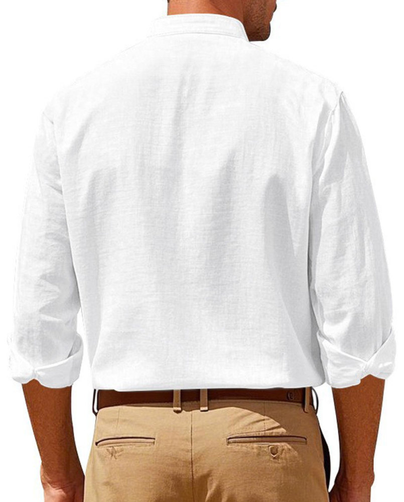 MAGIMODAC Mens Button Down Linen Shirts Casual Long Sleeve Band Collar Shirt Regular Fit Solid Plain Top with Pocket