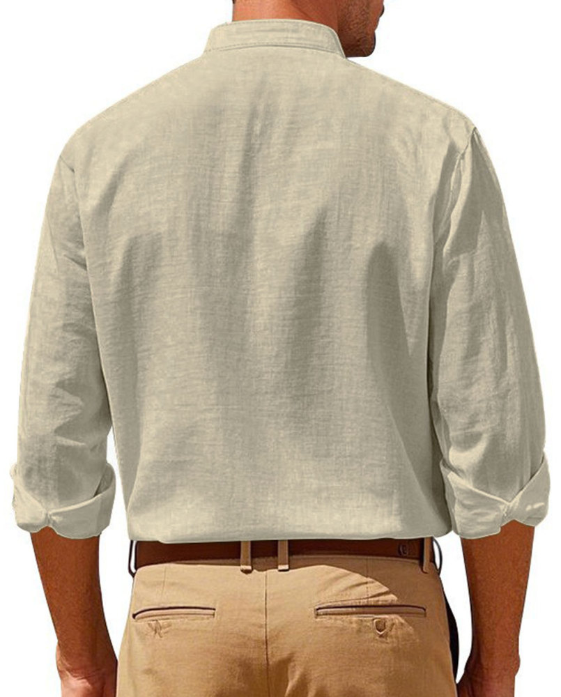 MAGIMODAC Mens Button Down Linen Shirts Casual Long Sleeve Band Collar Shirt Regular Fit Solid Plain Top with Pocket