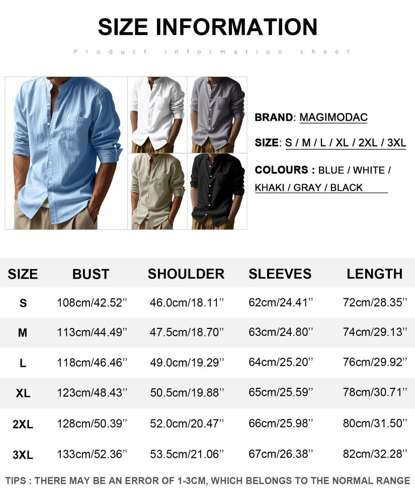 MAGIMODAC Mens Button Down Linen Shirts Casual Long Sleeve Band Collar Shirt Regular Fit Solid Plain Top with Pocket