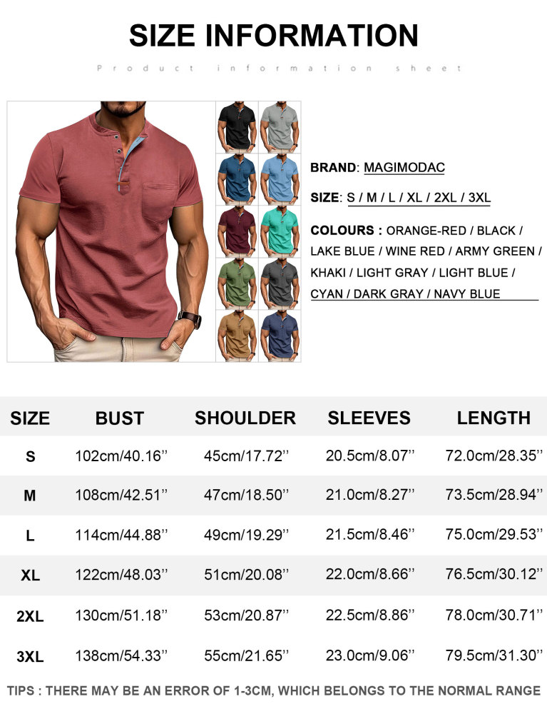 MAGIMODAC Mens Henley Short Sleeve Shirts Lightweight Cotton Summer Casual T-Shirt with Button and Pocket