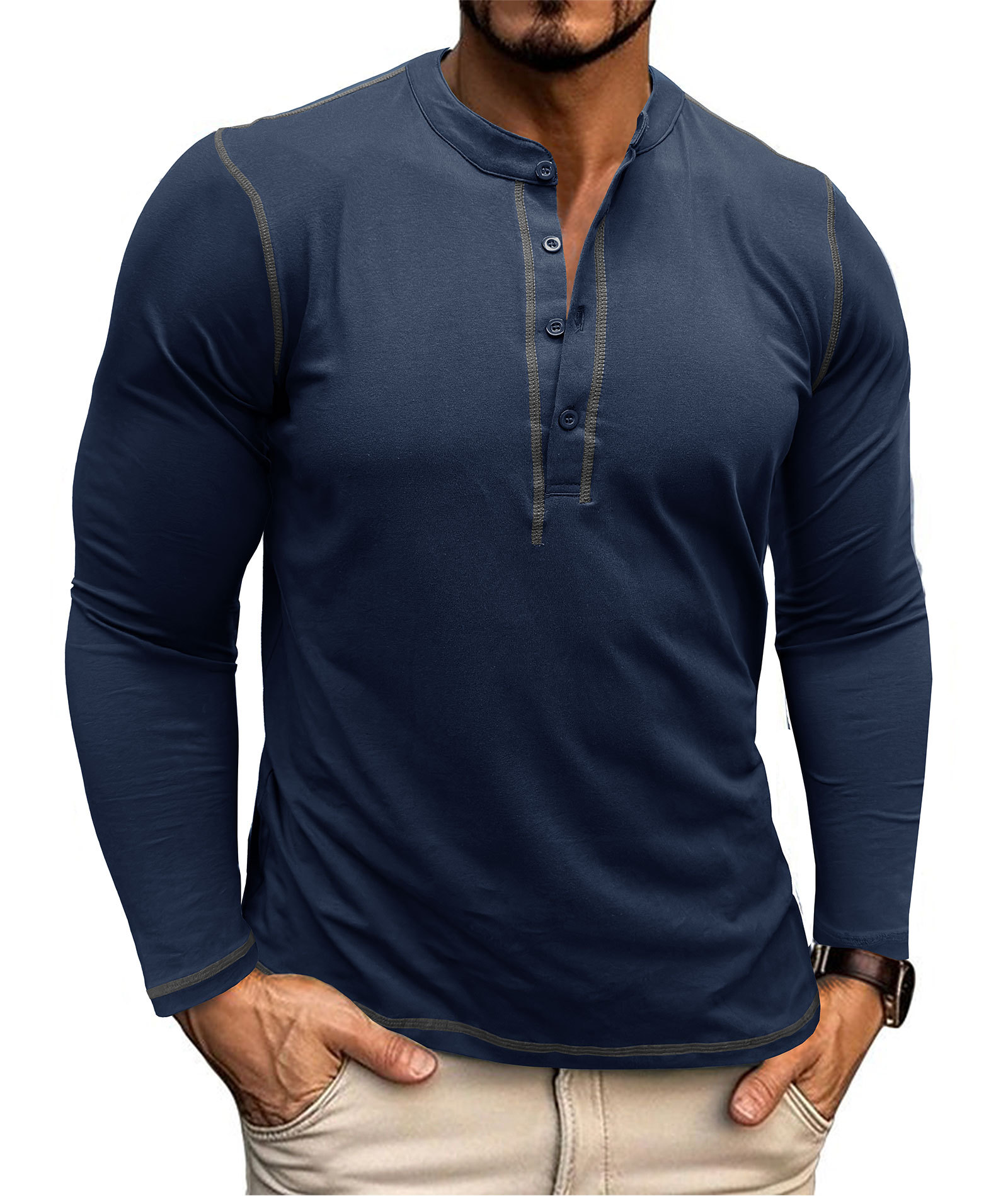 Mens Long Sleeve Henley Shirts Casual Classic Cotton T-Shirt Lightweight Button Tshirts Solid Basic Tee Shirt Tops