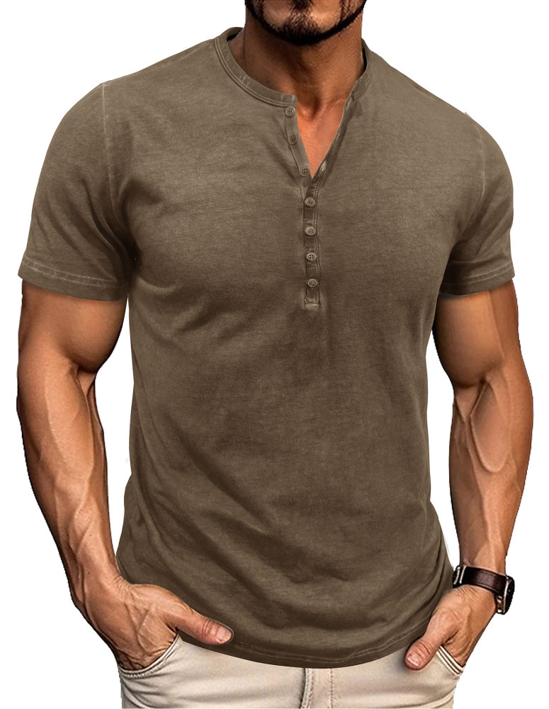 Mens Short Sleeve Henley Shirts Summer Cotton T-Shirt Casual Basic Button Tshirt Classic Solid Tee Shirt Tops