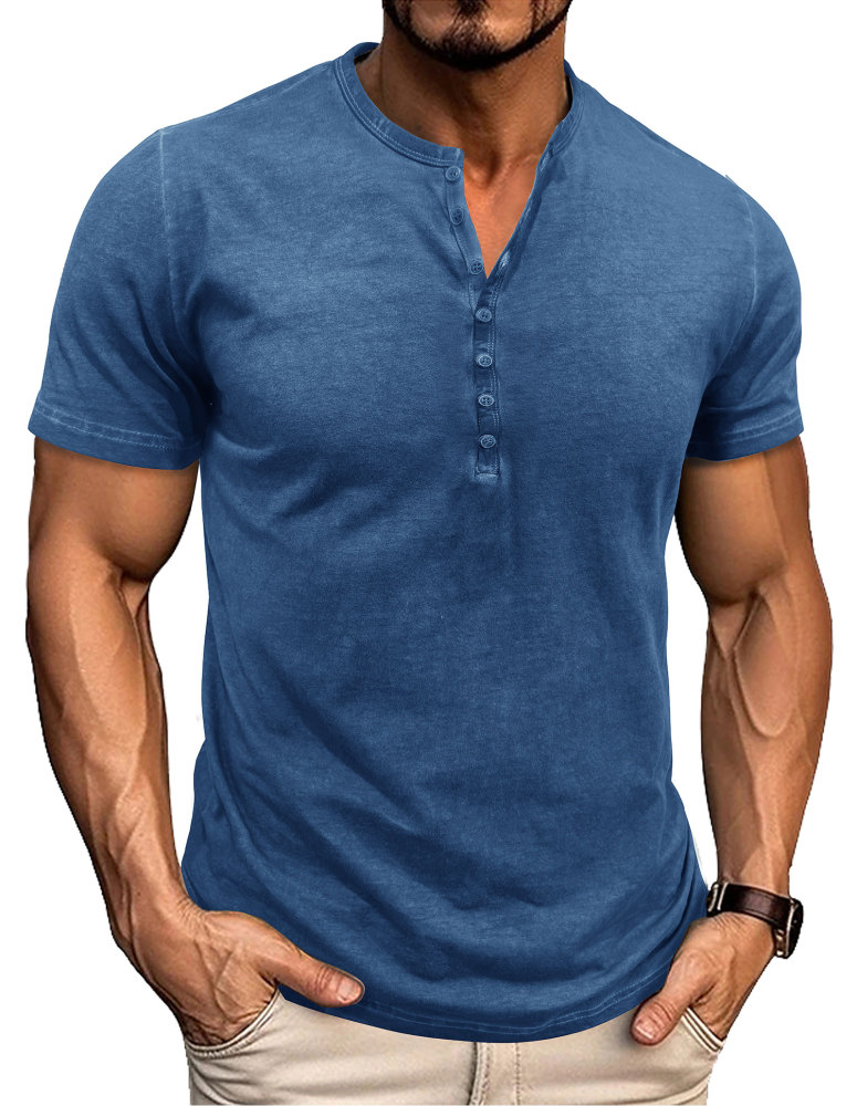Mens Short Sleeve Henley Shirts Summer Cotton T-Shirt Casual Basic Button Tshirt Classic Solid Tee Shirt Tops