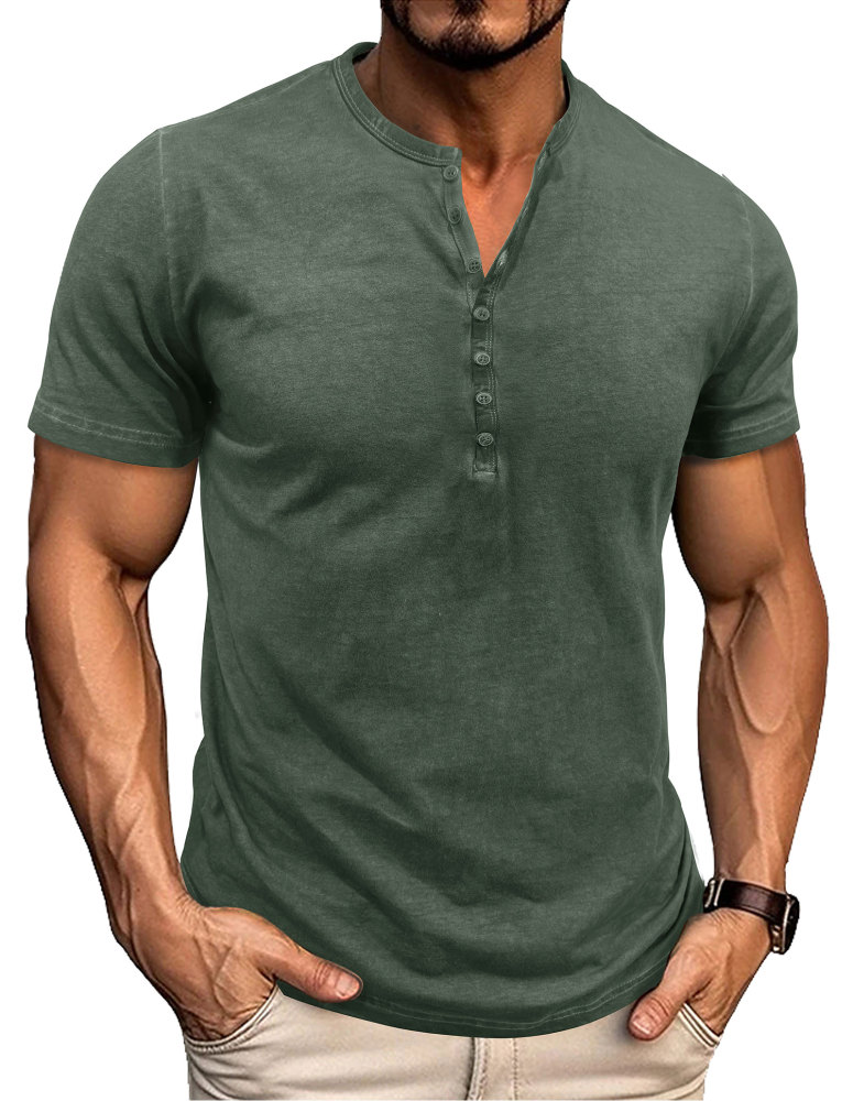 Mens Short Sleeve Henley Shirts Summer Cotton T-Shirt Casual Basic Button Tshirt Classic Solid Tee Shirt Tops