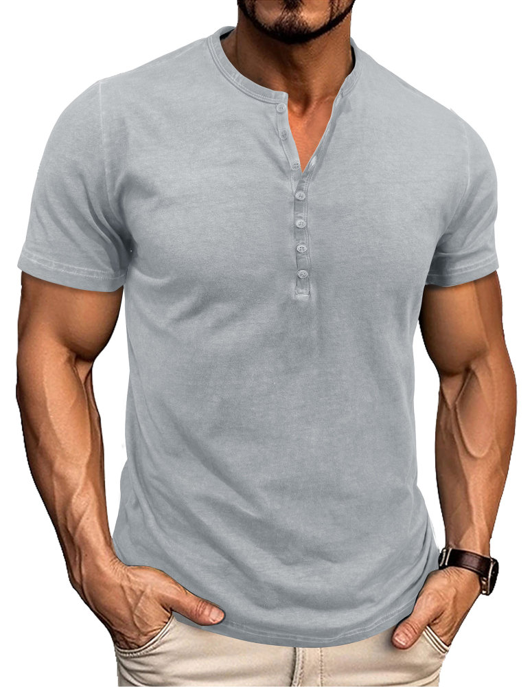 Mens Short Sleeve Henley Shirts Summer Cotton T-Shirt Casual Basic Button Tshirt Classic Solid Tee Shirt Tops