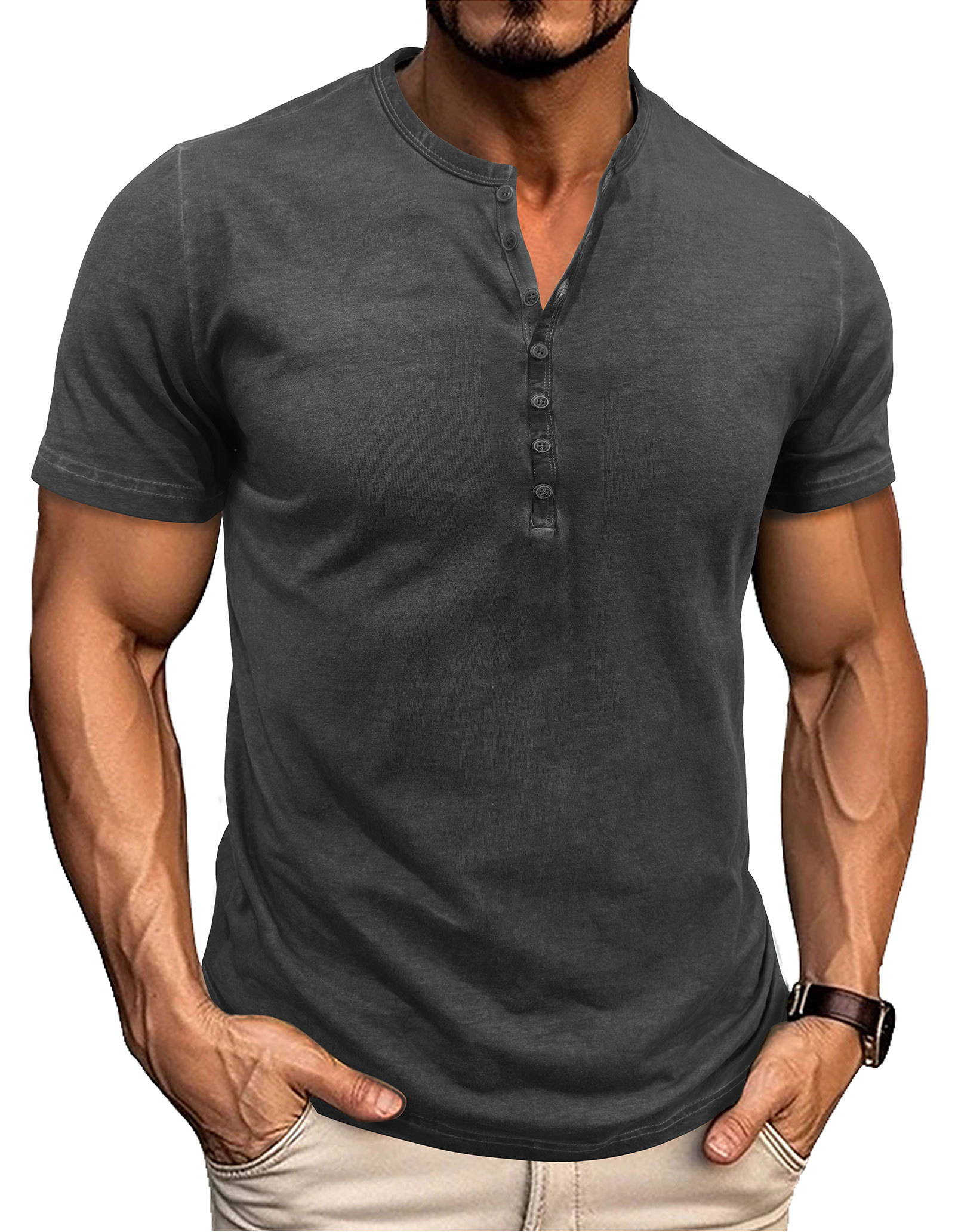 Mens Short Sleeve Henley Shirts Summer Cotton T-Shirt Casual Basic Button Tshirt Classic Solid Tee Shirt Tops