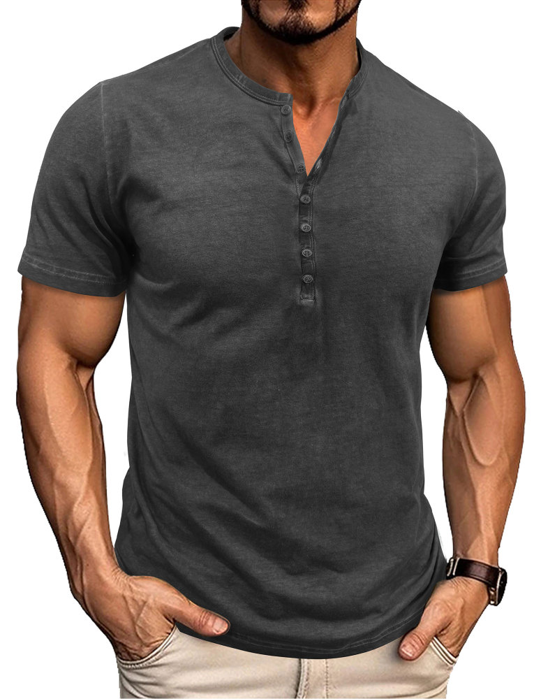 Mens Short Sleeve Henley Shirts Summer Cotton T-Shirt Casual Basic Button Tshirt Classic Solid Tee Shirt Tops