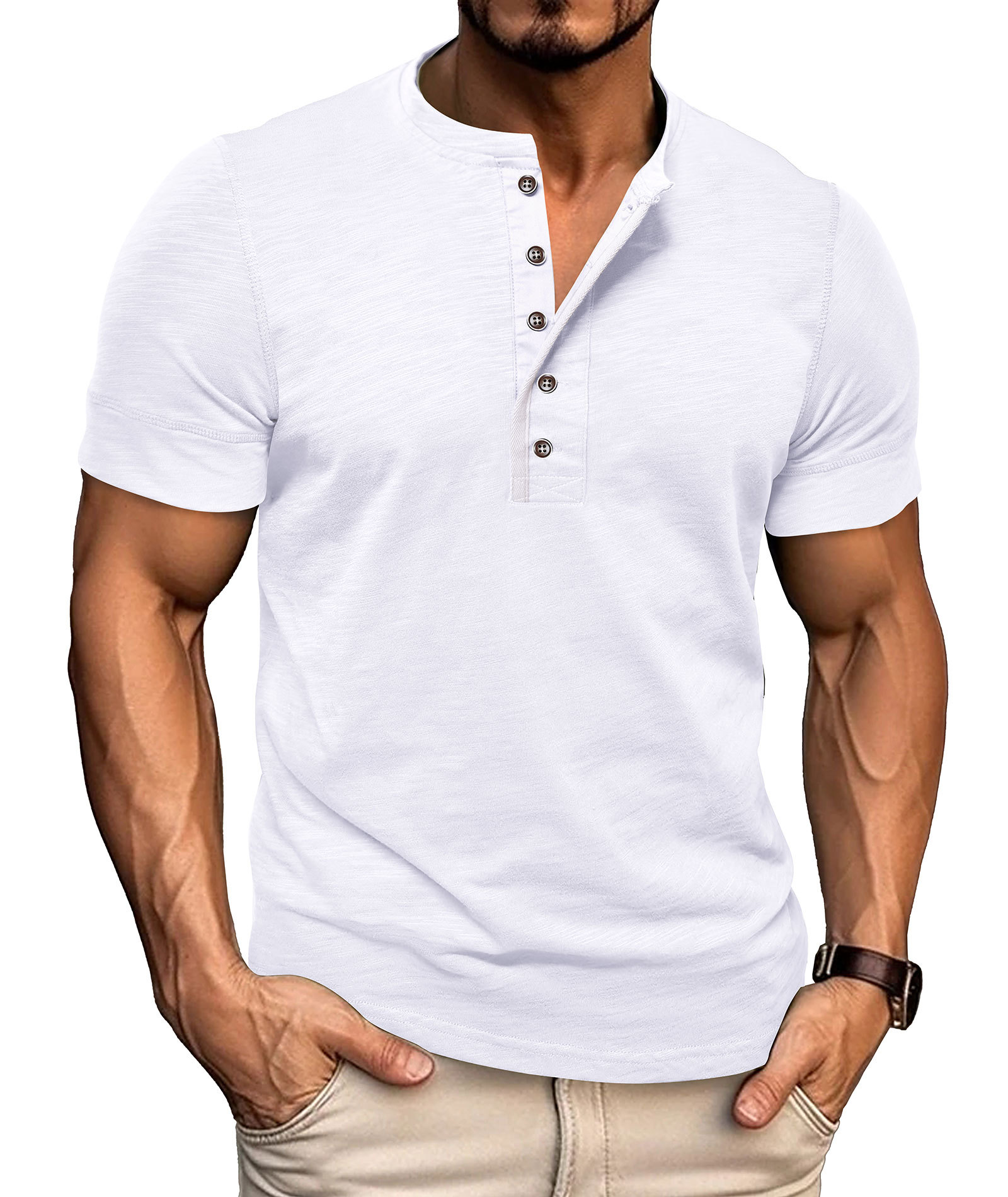 Mens Henley Shirts Cotton Short Sleeve T-Shirt Casual Basic ButtonTee Shirt Tops Summer Classic Solid Tshirt