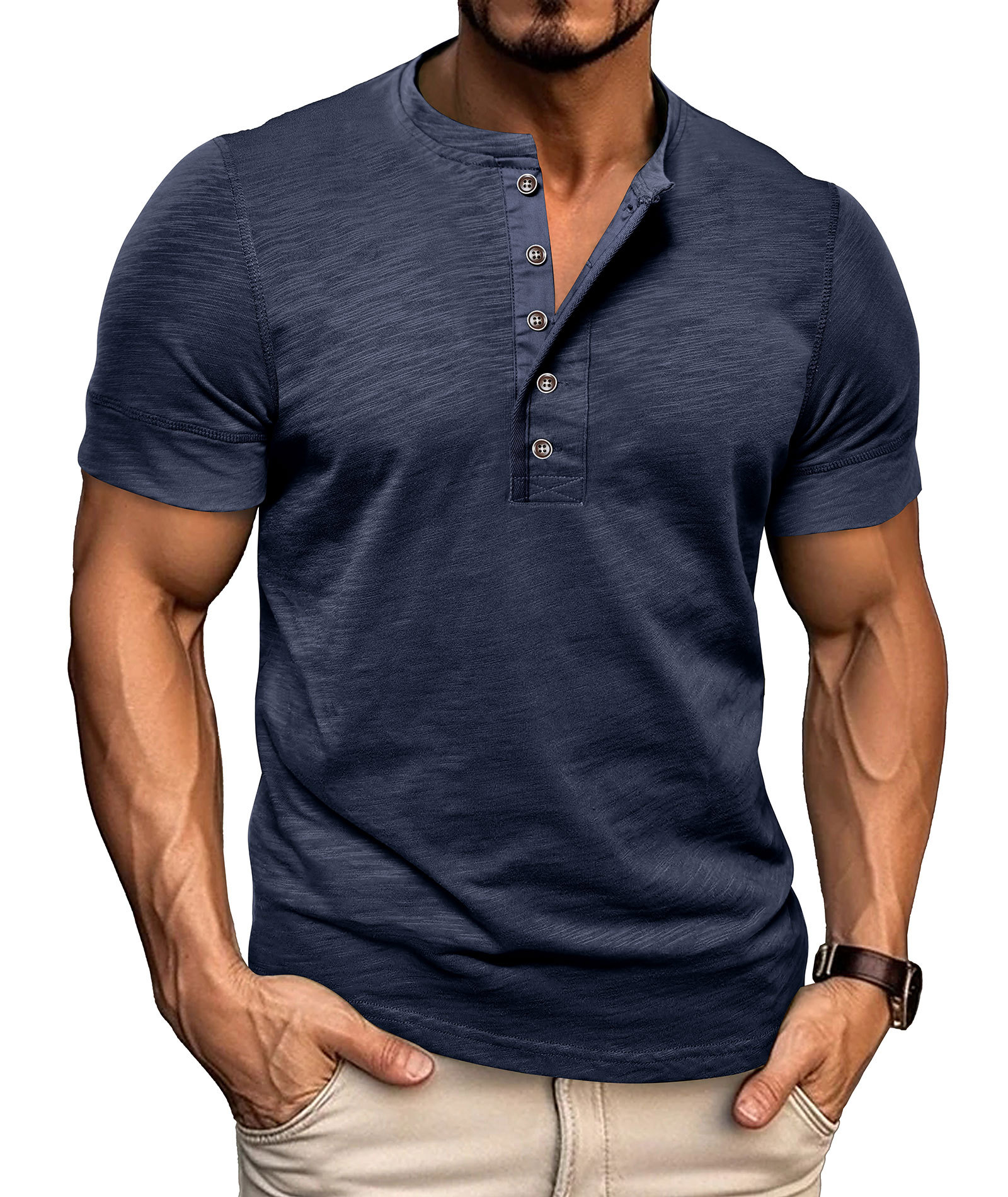 Mens Henley Shirts Cotton Short Sleeve T-Shirt Casual Basic ButtonTee Shirt Tops Summer Classic Solid Tshirt