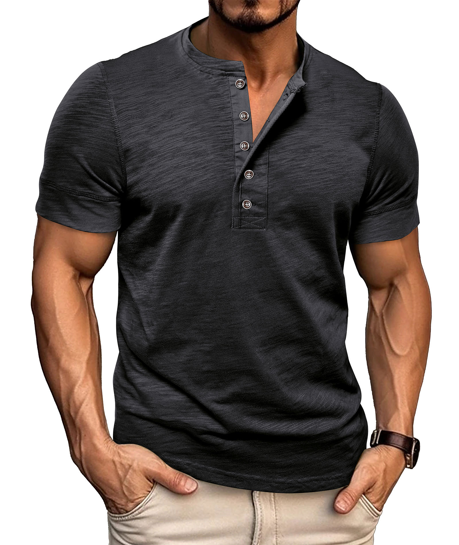 Mens Henley Shirts Cotton Short Sleeve T-Shirt Casual Basic ButtonTee Shirt Tops Summer Classic Solid Tshirt