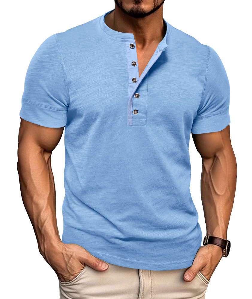 Mens Henley Shirts Cotton Short Sleeve T-Shirt Casual Basic ButtonTee Shirt Tops Summer Classic Solid Tshirt