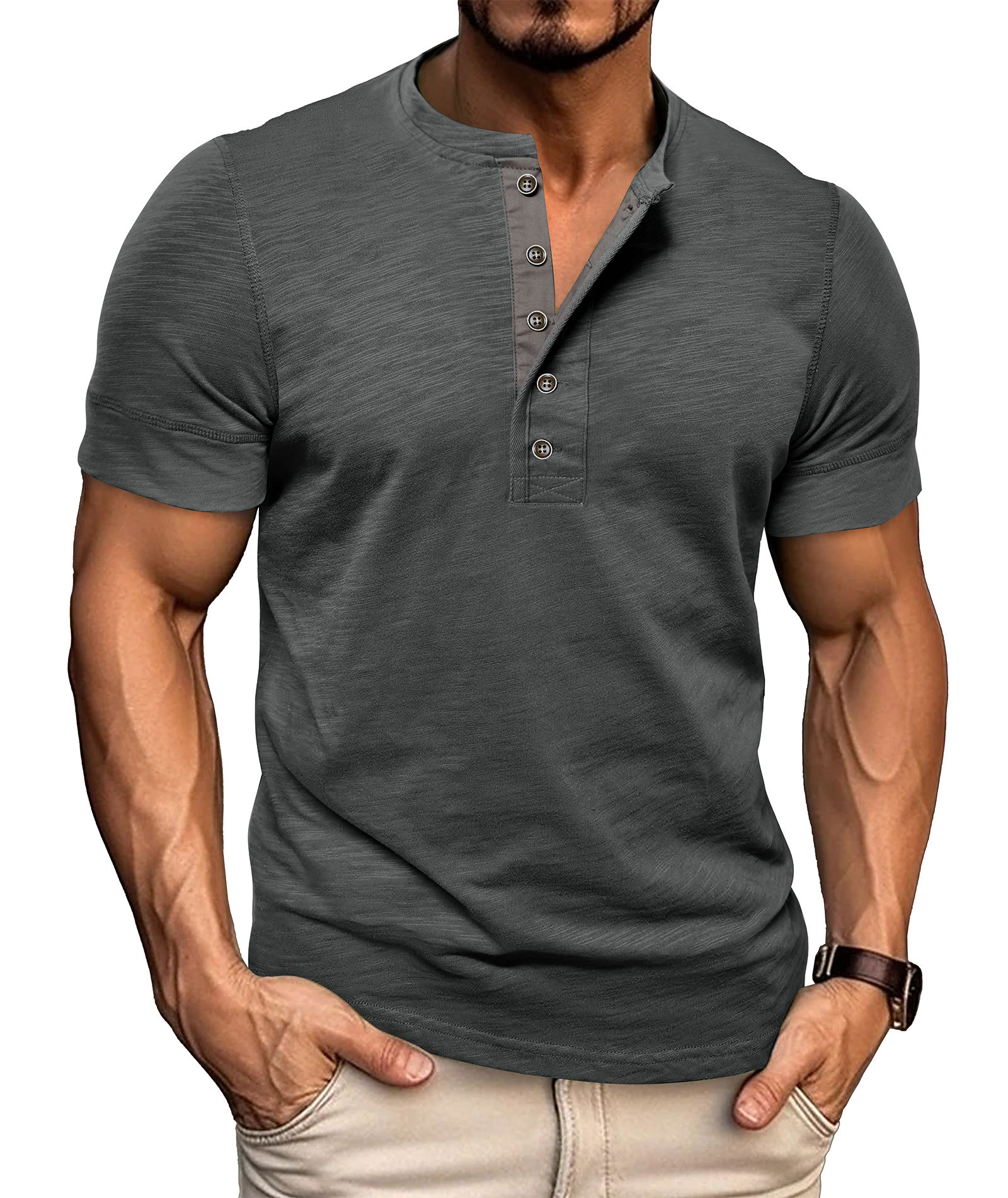 Mens Henley Shirts Cotton Short Sleeve T-Shirt Casual Basic ButtonTee Shirt Tops Summer Classic Solid Tshirt