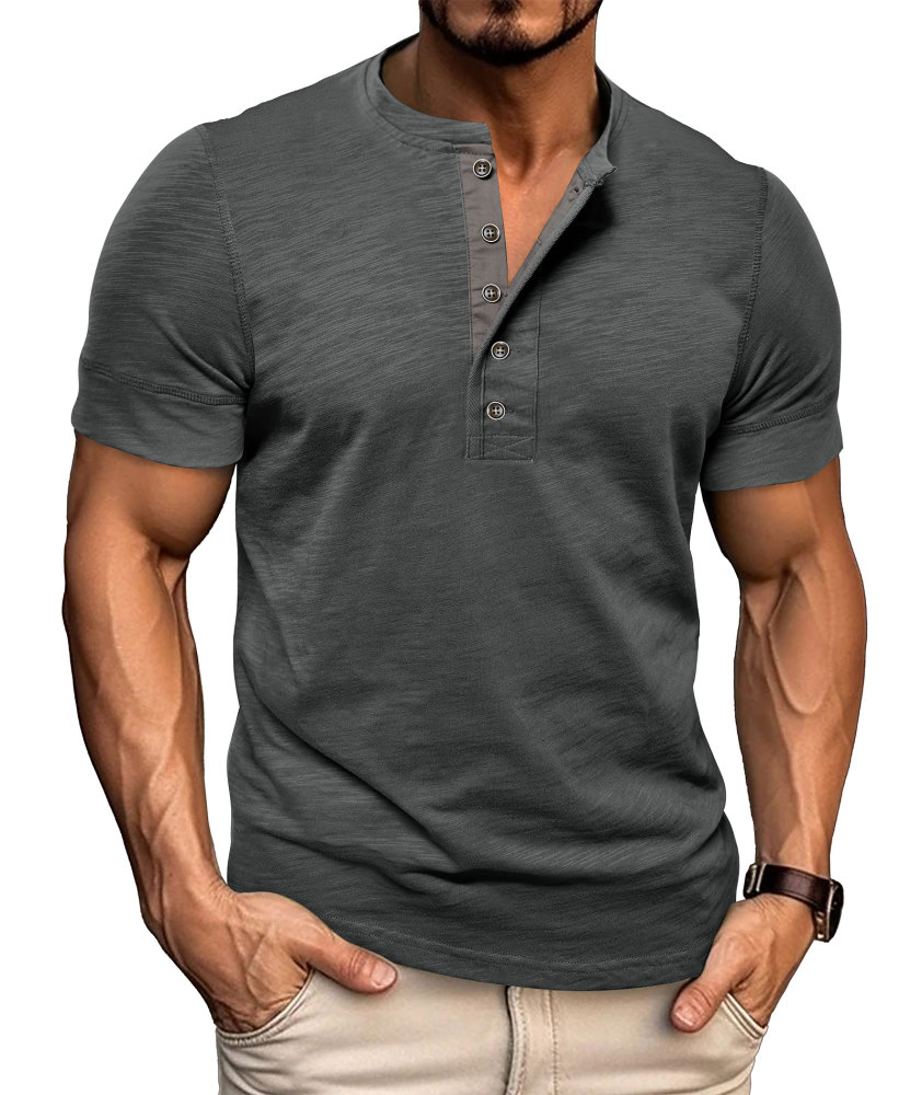 Mens Henley Shirts Cotton Short Sleeve T-Shirt Casual Basic ButtonTee Shirt Tops Summer Classic Solid Tshirt