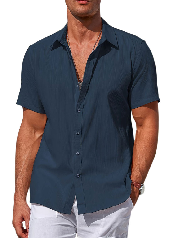 Men's Cotton Short Sleeve Shirts Casual Button Down Shirt Summer Solid Color Top Fashion Beach Tops