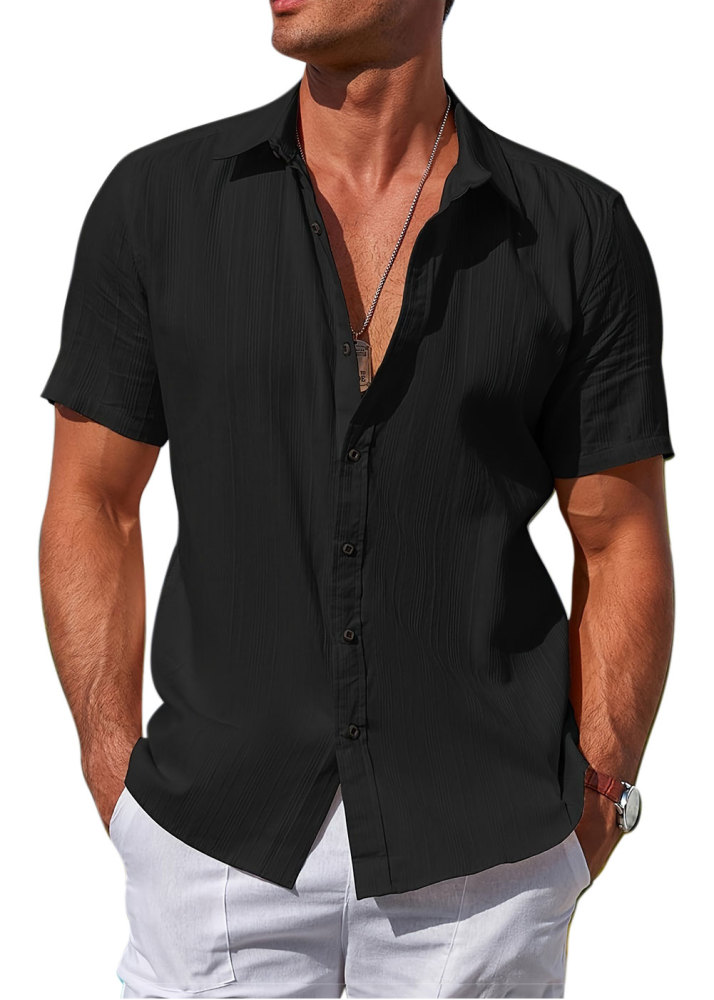 Men's Cotton Short Sleeve Shirts Casual Button Down Shirt Summer Solid Color Top Fashion Beach Tops