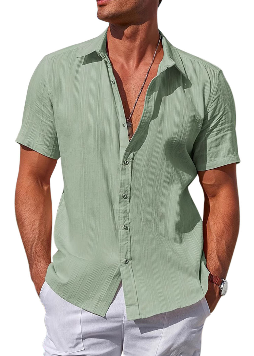 Men's Cotton Short Sleeve Shirts Casual Button Down Shirt Summer Solid Color Top Fashion Beach Tops