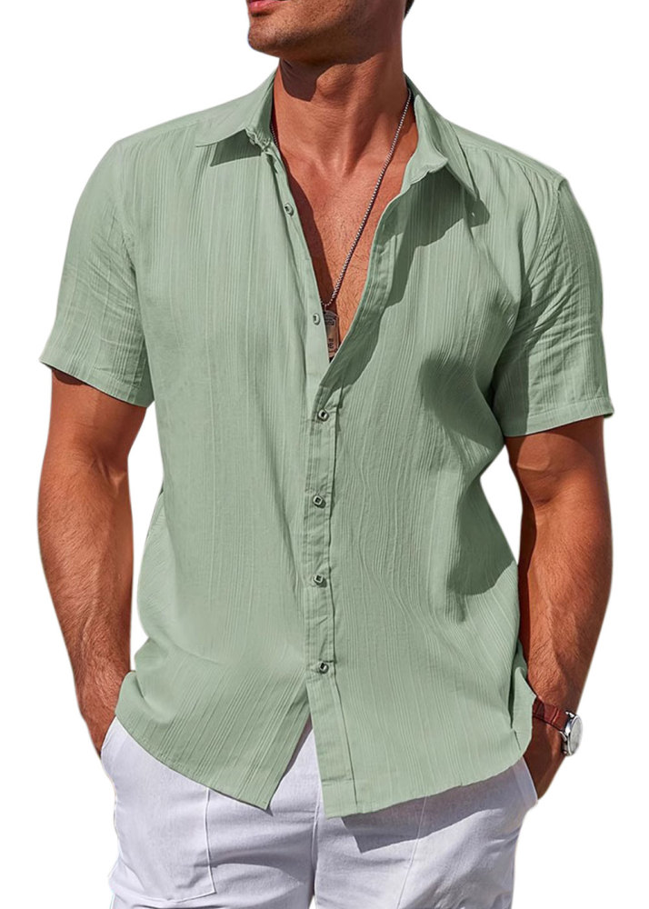 Men's Cotton Short Sleeve Shirts Casual Button Down Shirt Summer Solid Color Top Fashion Beach Tops