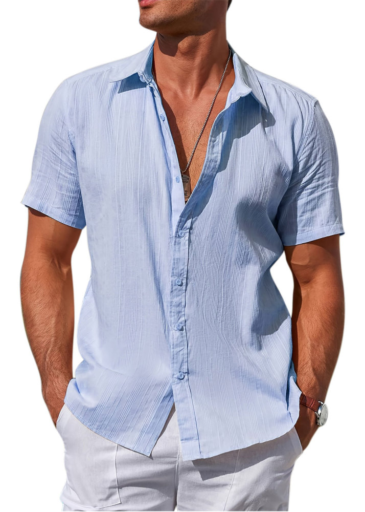 Men's Cotton Short Sleeve Shirts Casual Button Down Shirt Summer Solid Color Top Fashion Beach Tops