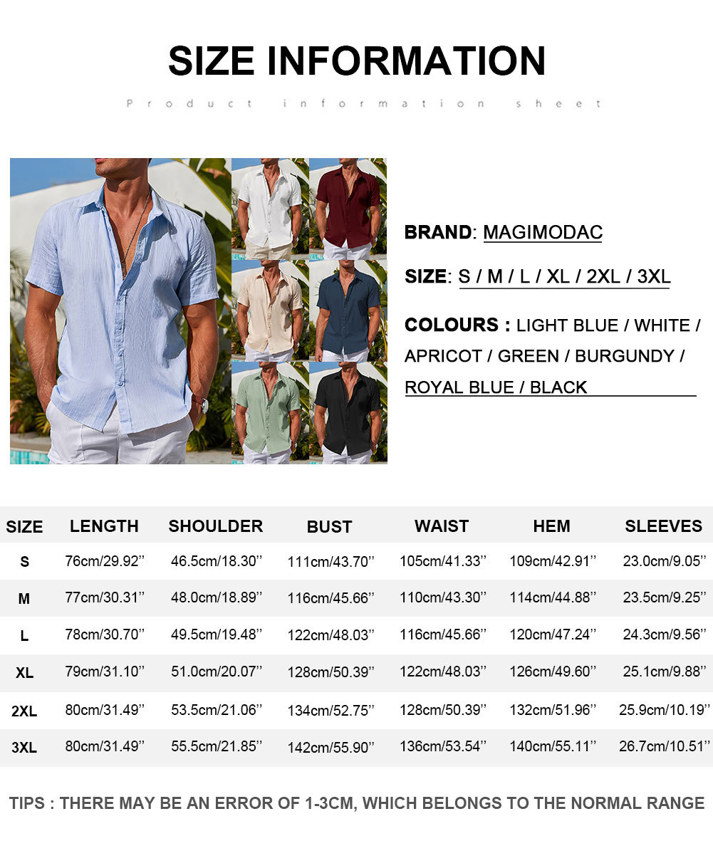 Men's Cotton Short Sleeve Shirts Casual Button Down Shirt Summer Solid Color Top Fashion Beach Tops