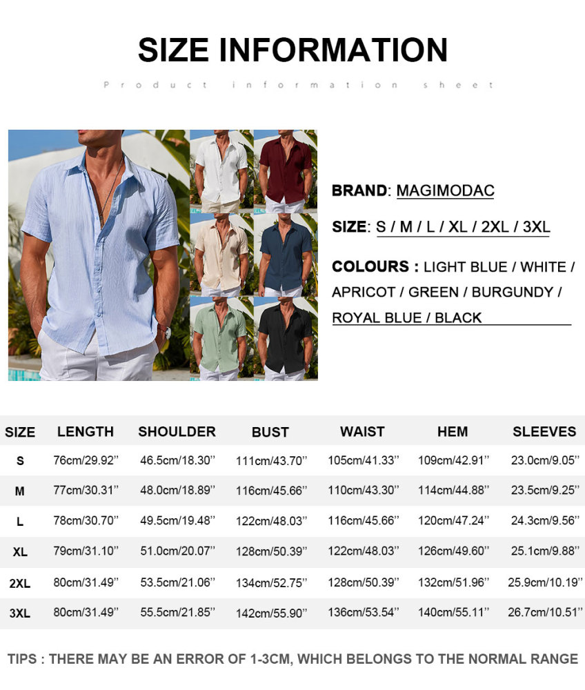 Men's Cotton Short Sleeve Shirts Casual Button Down Shirt Summer Solid Color Top Fashion Beach Tops