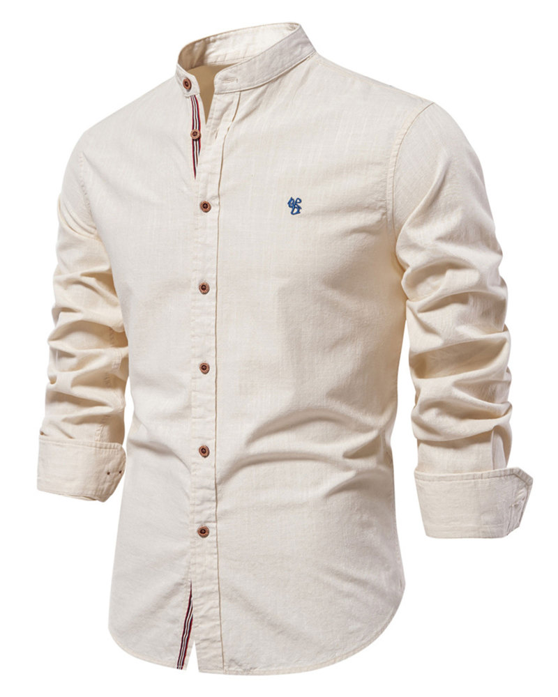 Mens Long Sleeve Cotton Linen Shirts Button Down Band Collar Bussiness Shirt Casual Solid Regular Fit Tops
