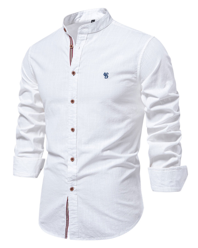 Mens Long Sleeve Cotton Linen Shirts Button Down Band Collar Bussiness Shirt Casual Solid Regular Fit Tops