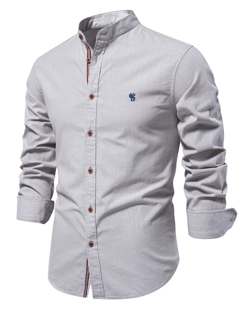 Mens Long Sleeve Cotton Linen Shirts Button Down Band Collar Bussiness Shirt Casual Solid Regular Fit Tops