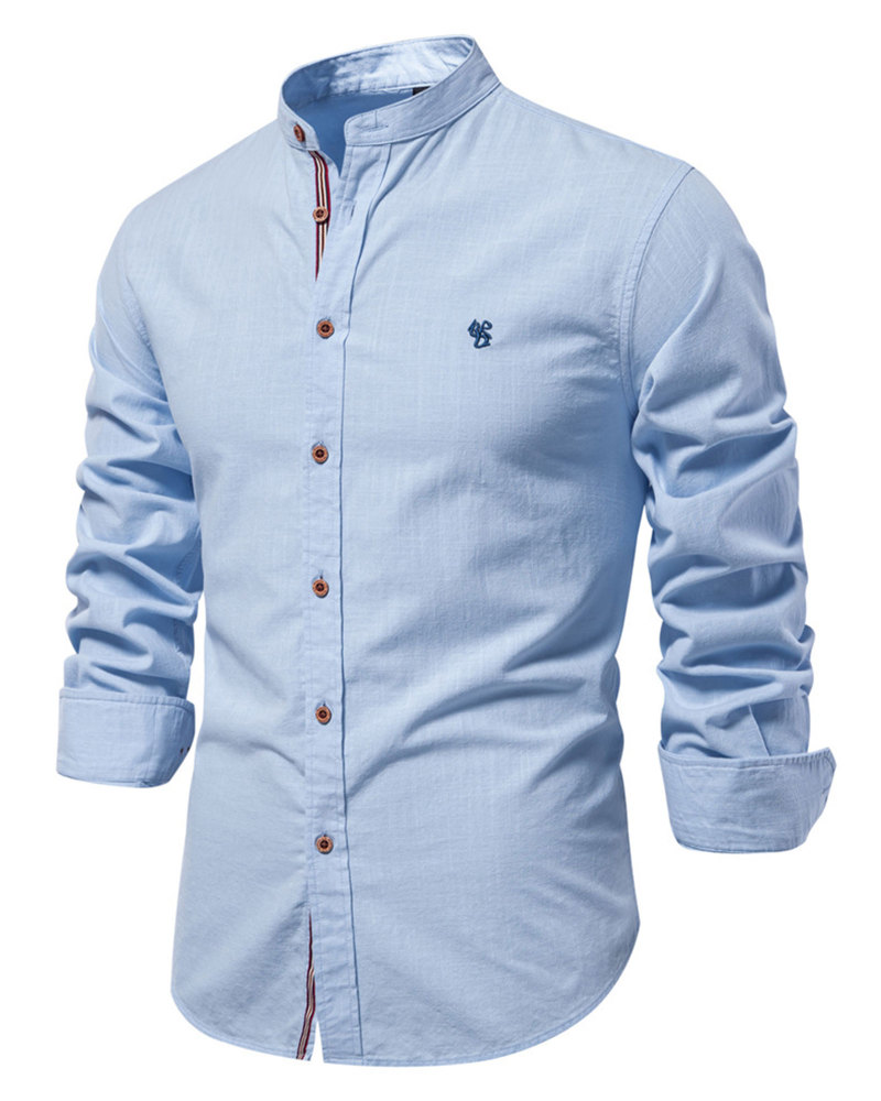 Mens Long Sleeve Cotton Linen Shirts Button Down Band Collar Bussiness Shirt Casual Solid Regular Fit Tops