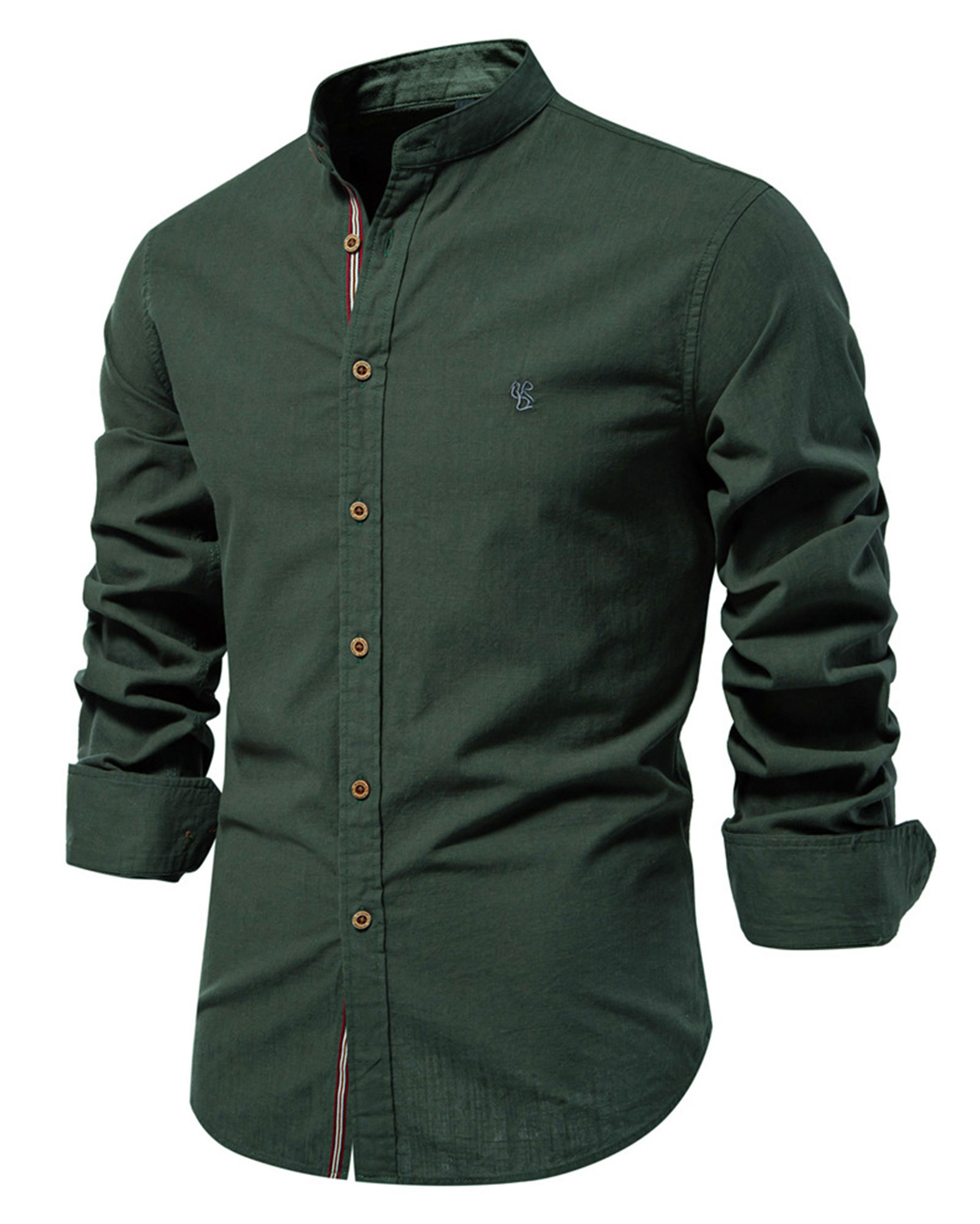 Mens Long Sleeve Cotton Linen Shirts Button Down Band Collar Bussiness Shirt Casual Solid Regular Fit Tops