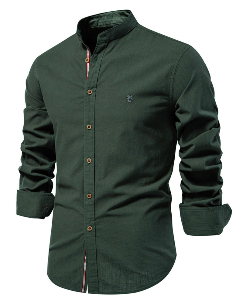 Mens Long Sleeve Cotton Linen Shirts Button Down Band Collar Bussiness Shirt Casual Solid Regular Fit Tops