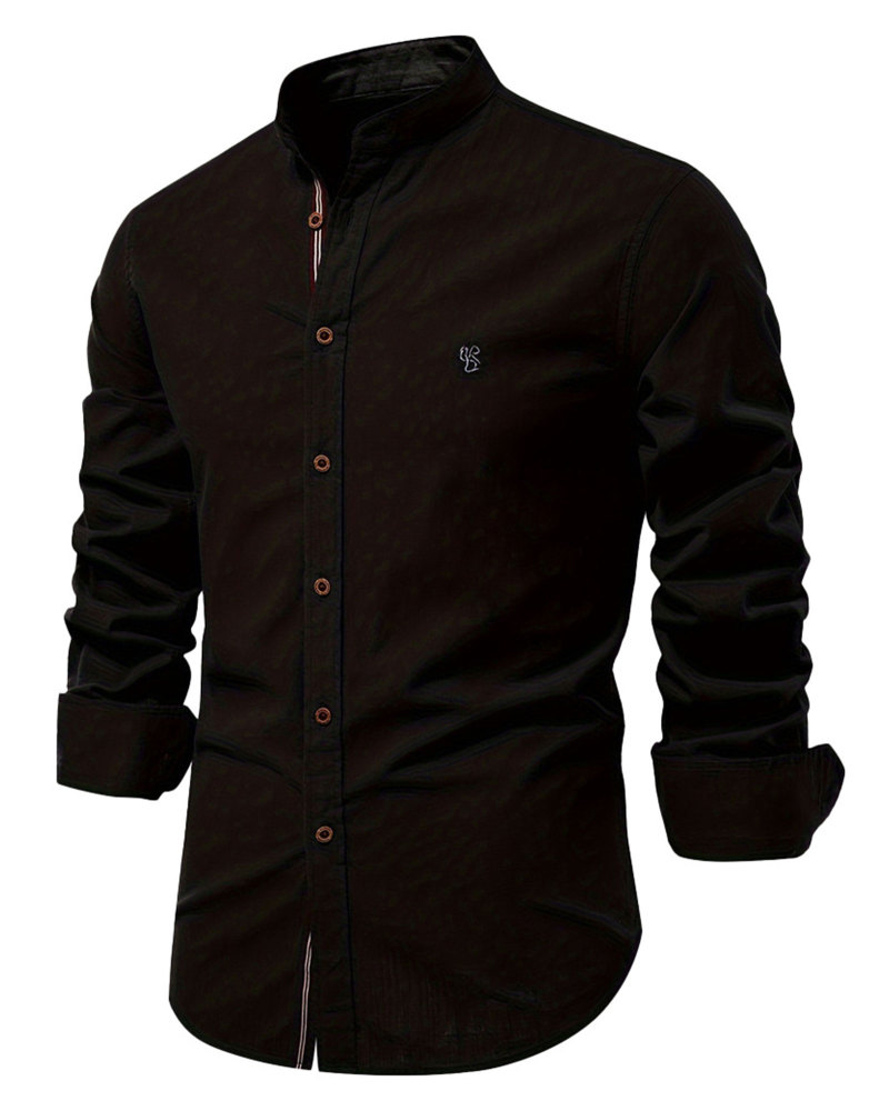 Mens Long Sleeve Cotton Linen Shirts Button Down Band Collar Bussiness Shirt Casual Solid Regular Fit Tops